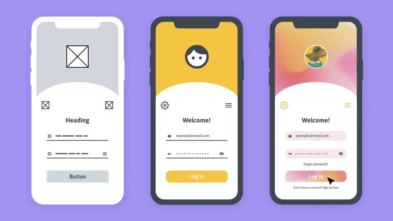 Wireframe co to? Trzy ekrany telefonu: szkic, wersja żółta i kolorowa.