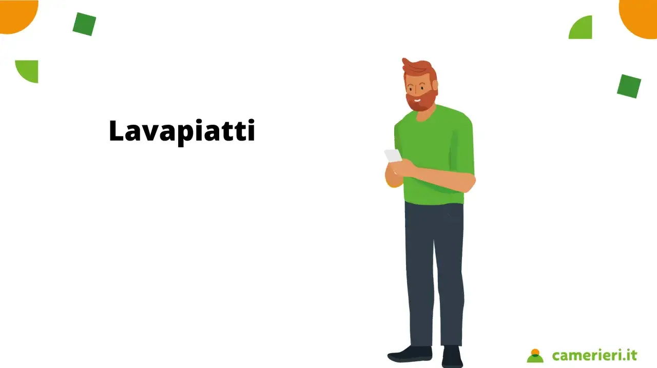 Uomo con barba rossa, maglietta verde e jeans scuri, guarda il telefono. Titolo: Lavapiatti. Scopri lo stipendio lavapiatti livello 7.