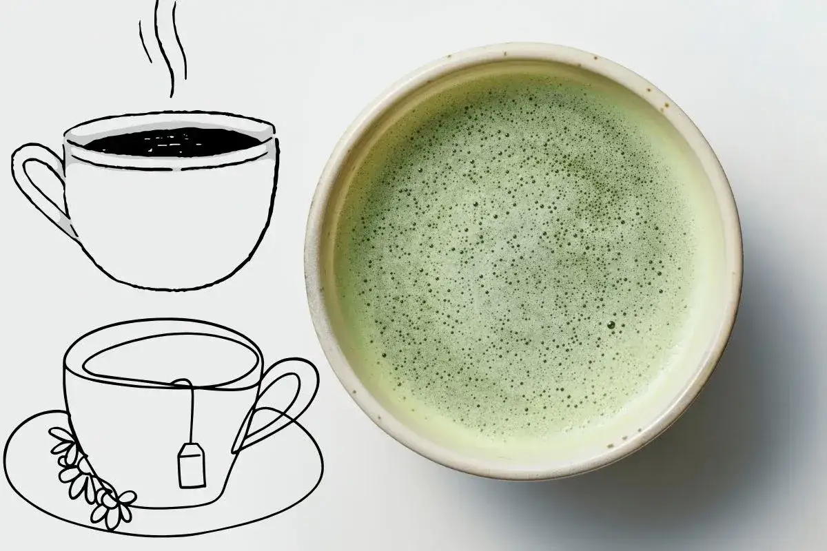 Zielona, spieniona matcha w ceramicznej miseczce obok rysunków filiżanek. To jest właśnie matcha!