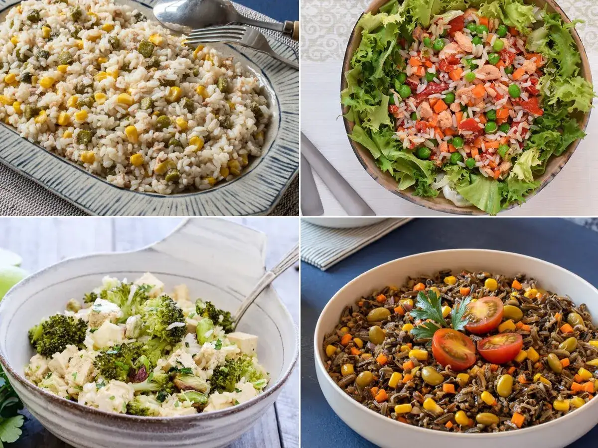 Cuatro ensaladas: una de arroz con ma&iacute;z y guisantes, otra de arroz con salm&oacute;n y verduras, una de br&oacute;coli y tofu, y una ensalada de arroz salvaje con tomates.