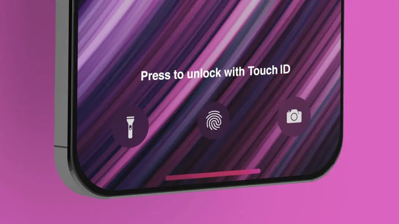 Écran de verrouillage d'un iPhone 13 avec icônes de lampe de poche, Touch ID et appareil photo.