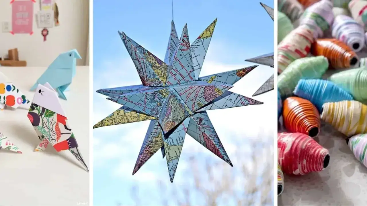 Origami dla dorosłych: ptaszki z kolorowego papieru, gwiazda z mapy świata i zwinięte papierowe koraliki.