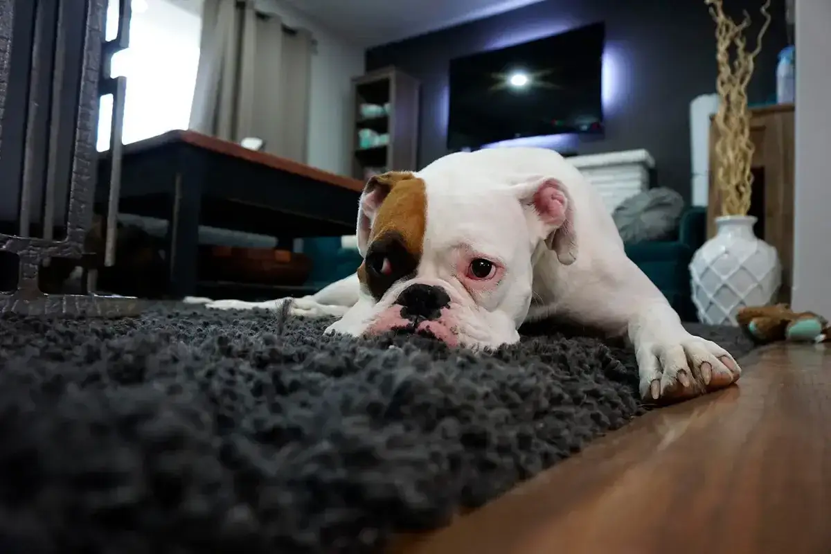 Un bulldog blanco con una mancha marr&oacute;n en la cara, uno de esos perros raros, descansa en una alfombra gris.