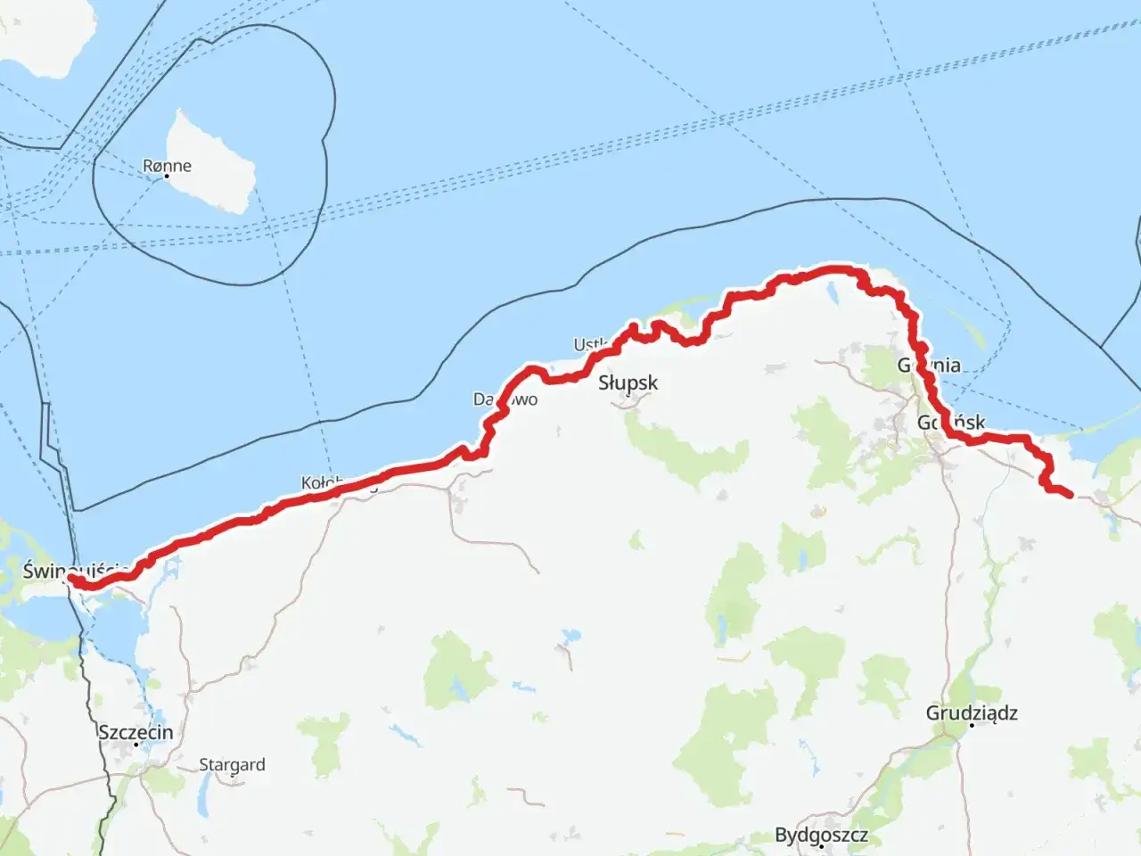 Trasa rowerowa green velo wzdłuż wybrzeża Bałtyku, od Świnoujścia po Trójmiasto. Długość trasy to kilkaset kilometrów.