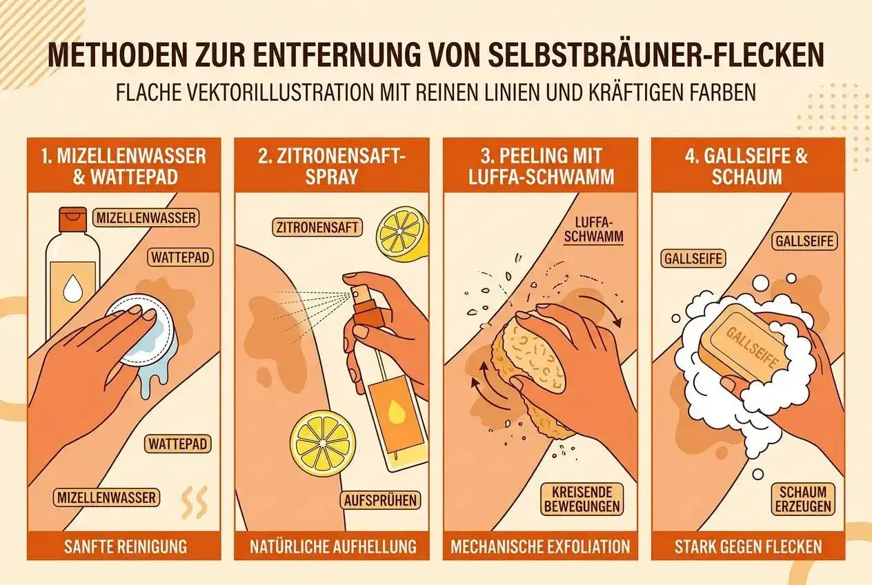 Ilustraci&oacute;n muestra c&oacute;mo quitar el autobronceador con agua micelar, spray de lim&oacute;n, esponja luffa y jab&oacute;n de hiel.