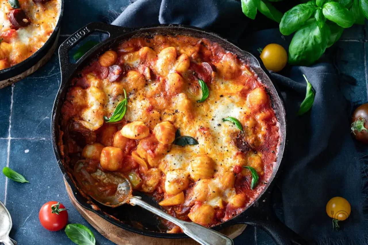 Pyszne gnocchi zapiekane w sosie pomidorowym z serem i kiełbasą, ozdobione bazylią. Idealny sos do gnocchi.