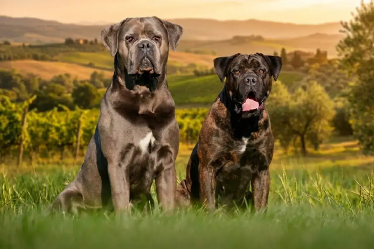 Dwa potężne psy rasy cane corso siedzą na trawie. Ich waga świadczy o sile i budowie tej rasy. W tle rozciągają się wzgórza Toskanii.