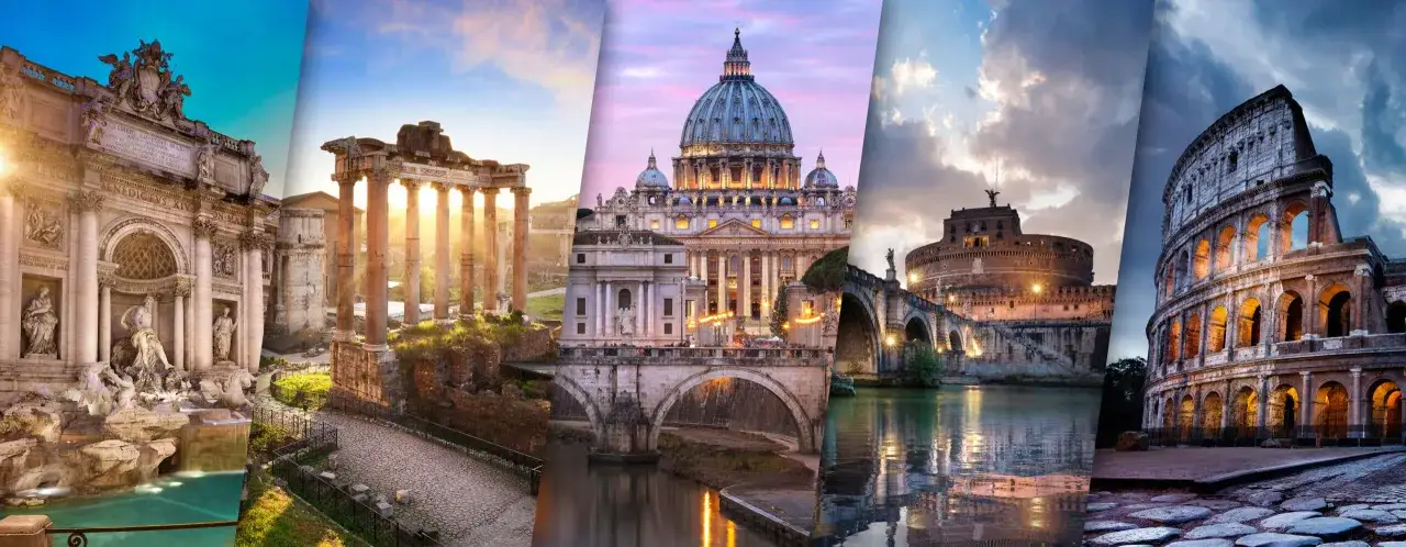 Un collage di **i monumenti di Roma**: Fontana di Trevi, Foro Romano, San Pietro, Castel Sant'Angelo e Colosseo, illuminati da luci suggestive.