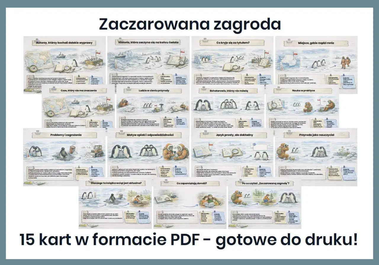 Zaczarowana zagroda: ilustracje przedstawiające pingwiny i ludzi w arktycznym krajobrazie, omawiające r&oacute;żne aspekty książki.