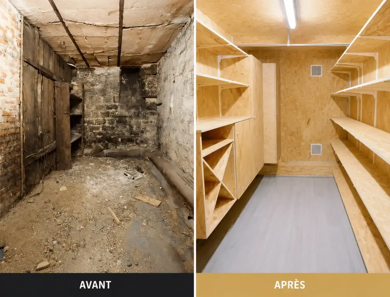 Avant/Apr&egrave;s : une cave sombre et poussi&eacute;reuse transform&eacute;e en espace de rangement lumineux et fonctionnel gr&acirc;ce &agrave; une r&eacute;novation compl&egrave;te.