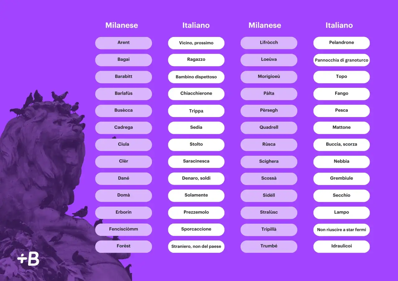 Tavola che illustra proverbi milanesi e il loro significato in italiano, con un leone di pietra e piccioni sullo sfondo.