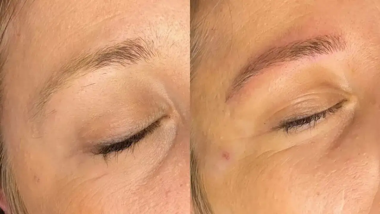 Avant/après : sourcils naturels et plus définis. Les sourcils décolorés de la première image sont transformés en un regard plus intense.