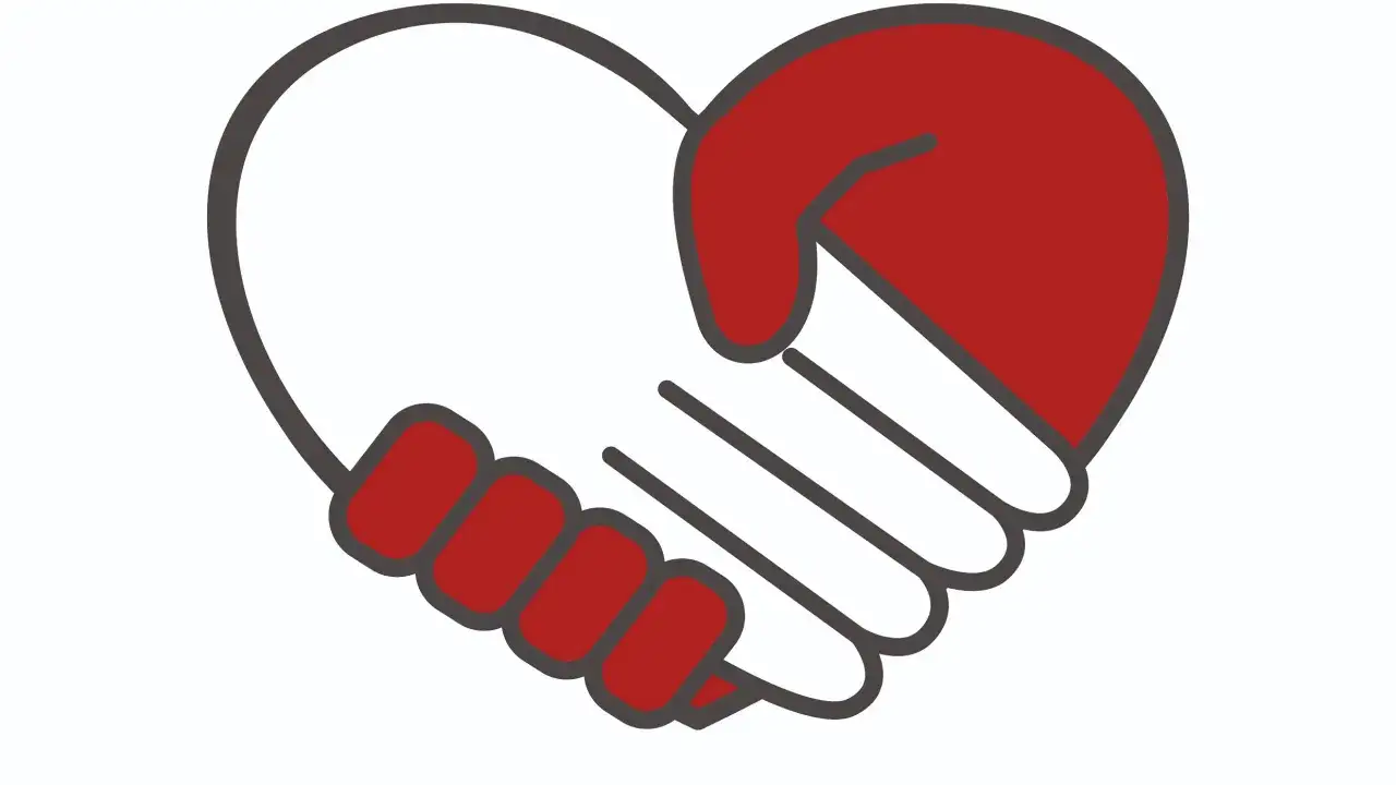 Händedruck in Herzform, symbolisiert Einheit und Unterstützung. mt 5.
