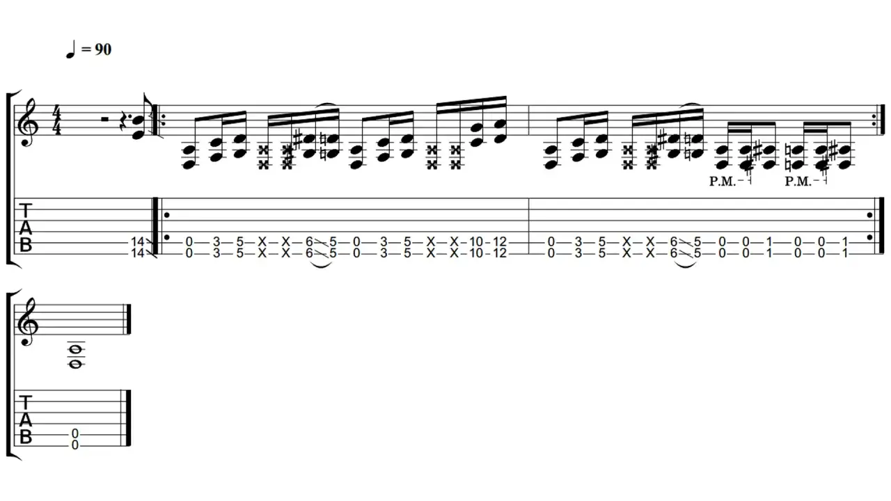 Partition de guitare avec indication de tempo J=90. La tablature montre une s&eacute;quence de notes, incluant des 