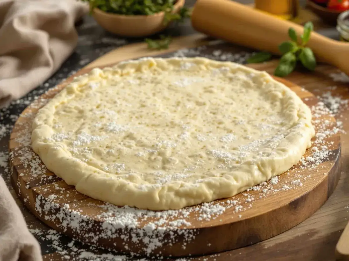 Pâte à pizza levure fraîche prête à être garnie, saupoudrée de farine sur une planche en bois.