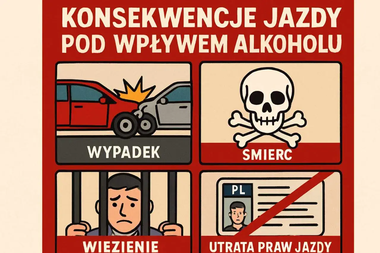 Konsekwencje jazdy po pijanemu: wypadek, śmierć, więzienie, utrata prawa jazdy.