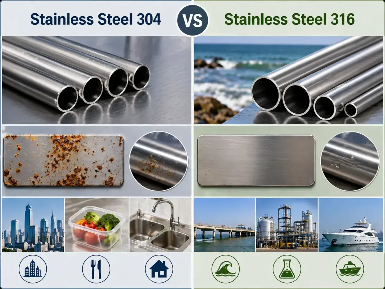 Comparaison de l'inox austénitique 304 (rouillé) et 316 (résistant à la corrosion), montrant des tubes, une plaque rouillée vs lisse, et des applications diverses.