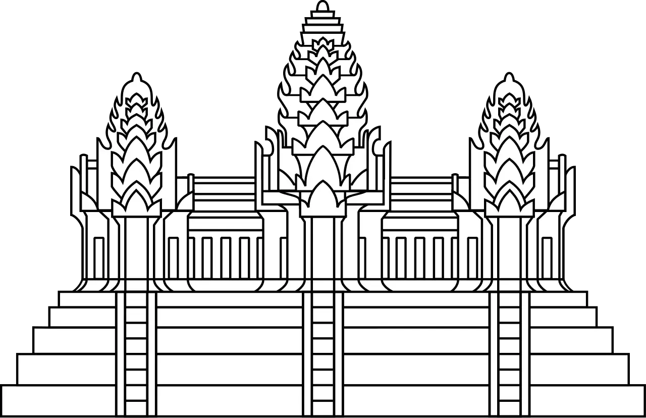Symbol narodowy Kambodży, stylizowany na Angkor Wat, widoczny na fladze.