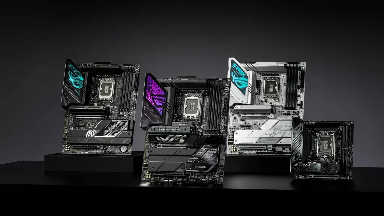 Placas base ROG Strix con socket LGA 1851, algunas con iluminaci&oacute;n RGB p&uacute;rpura y turquesa, listas para el rendimiento.