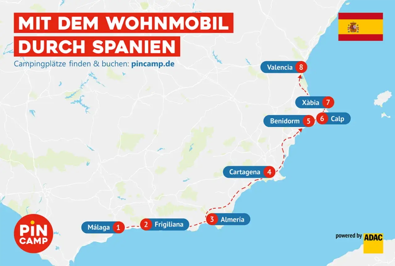 Reisekarte f&uuml;r Wohnmobil-Sightseeing in Spanien. Route von M&aacute;laga &uuml;ber Frigiliana, Almer&iacute;a, Cartagena, Benidorm, Calp, X&agrave;bia bis Valencia.
