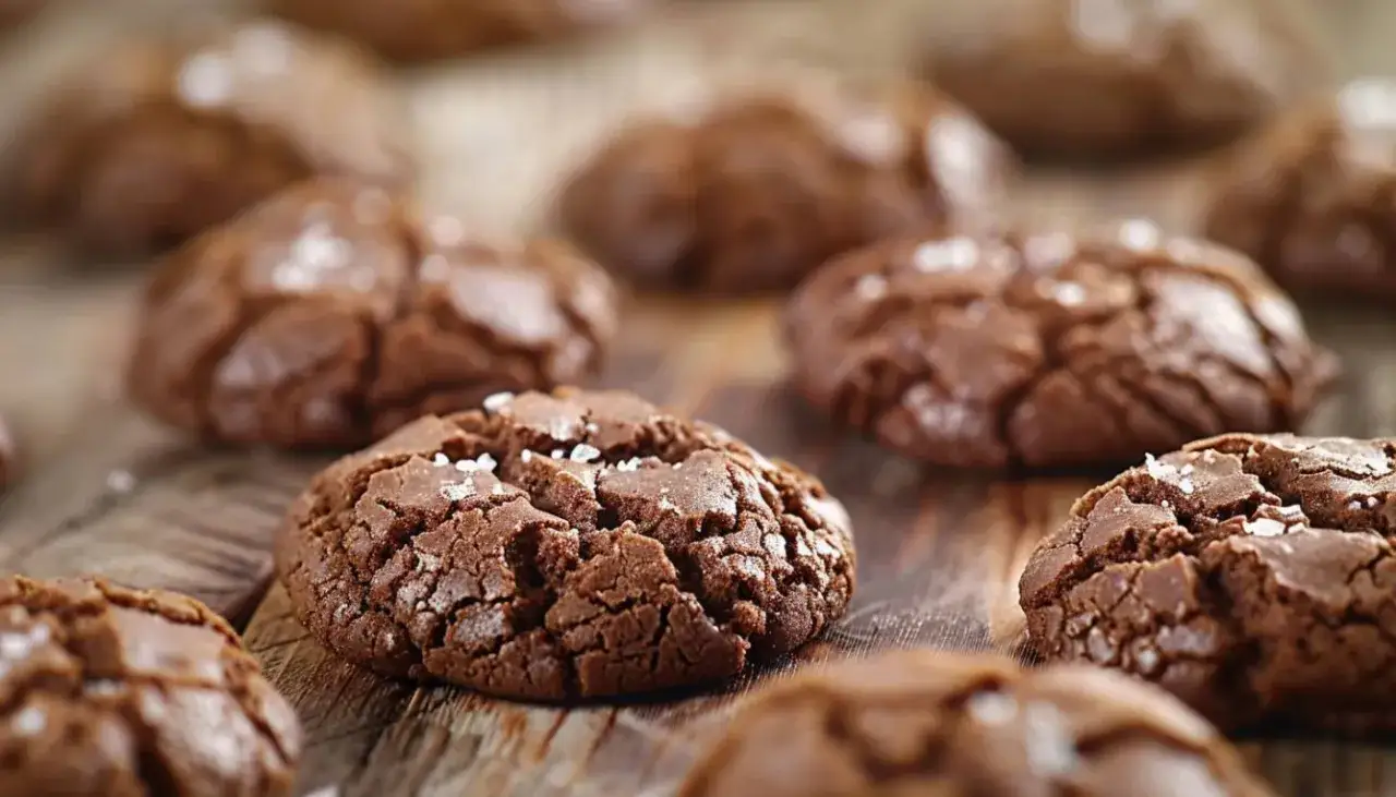 Des biscuits au chocolat moelleux et craquel&eacute;s, parsem&eacute;s de cristaux de sel, sur une planche en bois.
