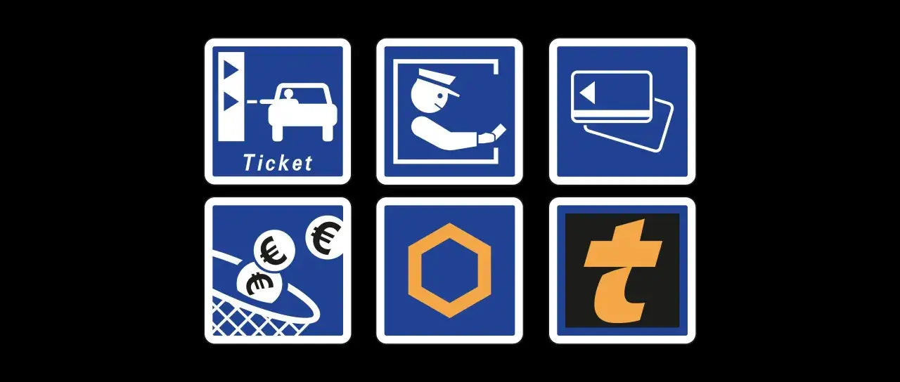 Panneau autoroute signification : ticket, p&eacute;age, carte bancaire, argent, voie, t&eacute;l&eacute;p&eacute;age.