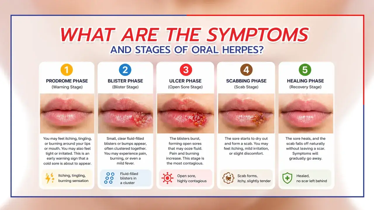 Le fasi dell'herpes labiale: dal prurito iniziale (perché esce herpes) alla guarigione senza cicatrici.