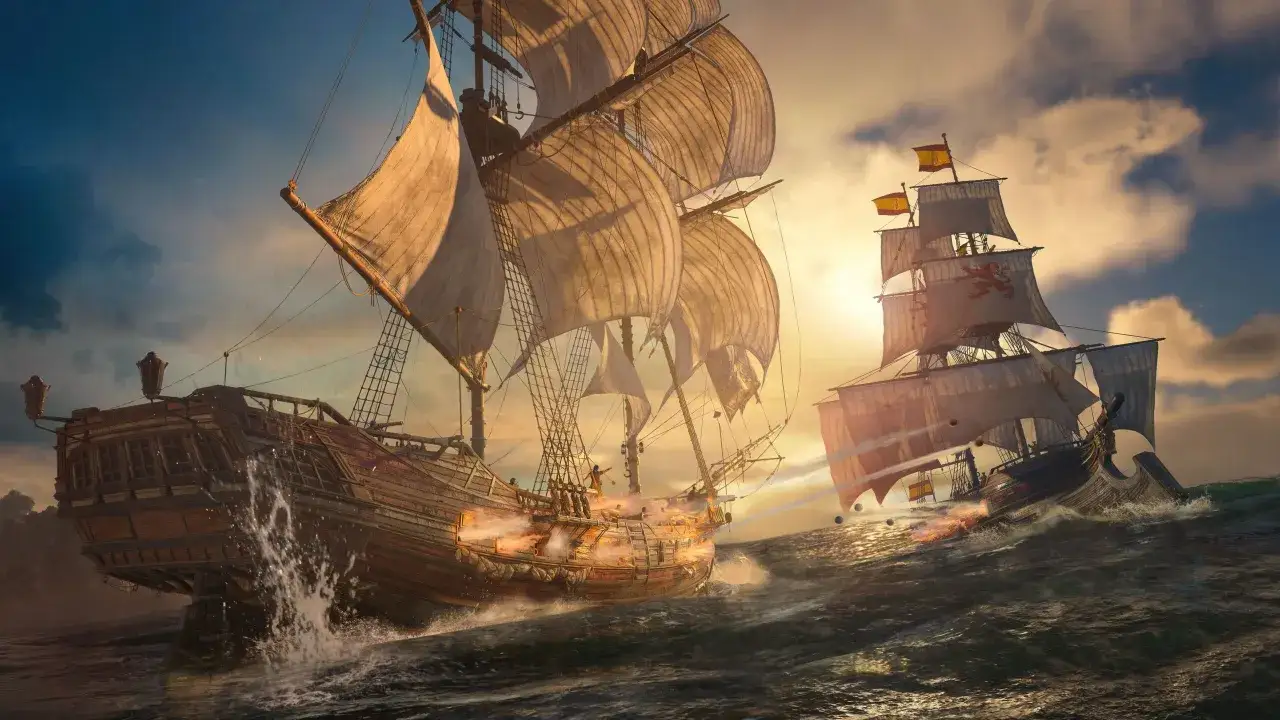 Bitwa morska dwóch żaglowców, jak w black flag remake. Jeden statek ostrzeliwuje drugi, fale rozbijają się o burty.