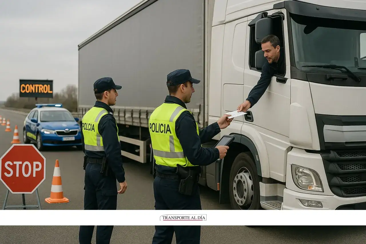 Polic&iacute;as revisan documentos de un conductor de cami&oacute;n en un control de carretera. Se observan se&ntilde;ales de 