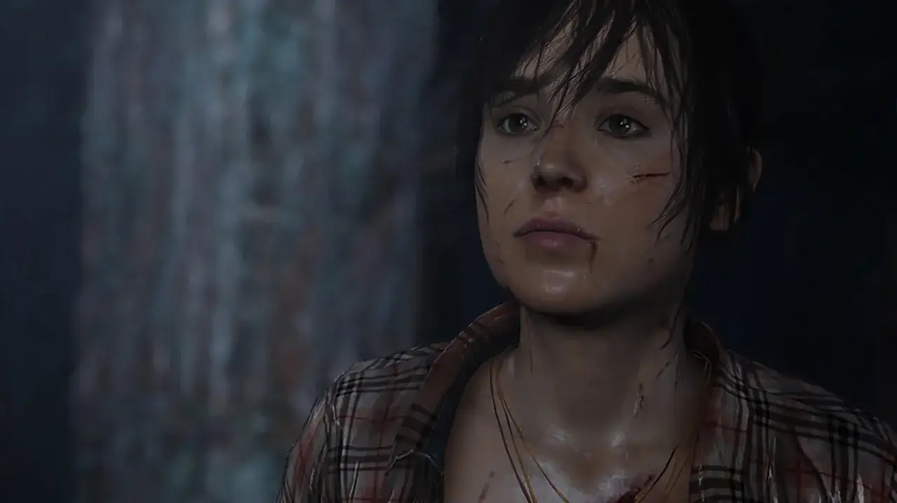 Jodie Holmes z Beyond Two Souls, z ranami na twarzy i szyi, w kratowanej koszuli. Czas gry wciąga w jej trudną historię.