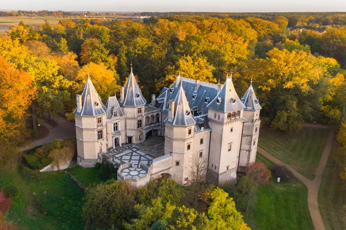 Zamek w Gołuchowie otoczony jesiennym lasem, z wieżami i dziedzińcem.
