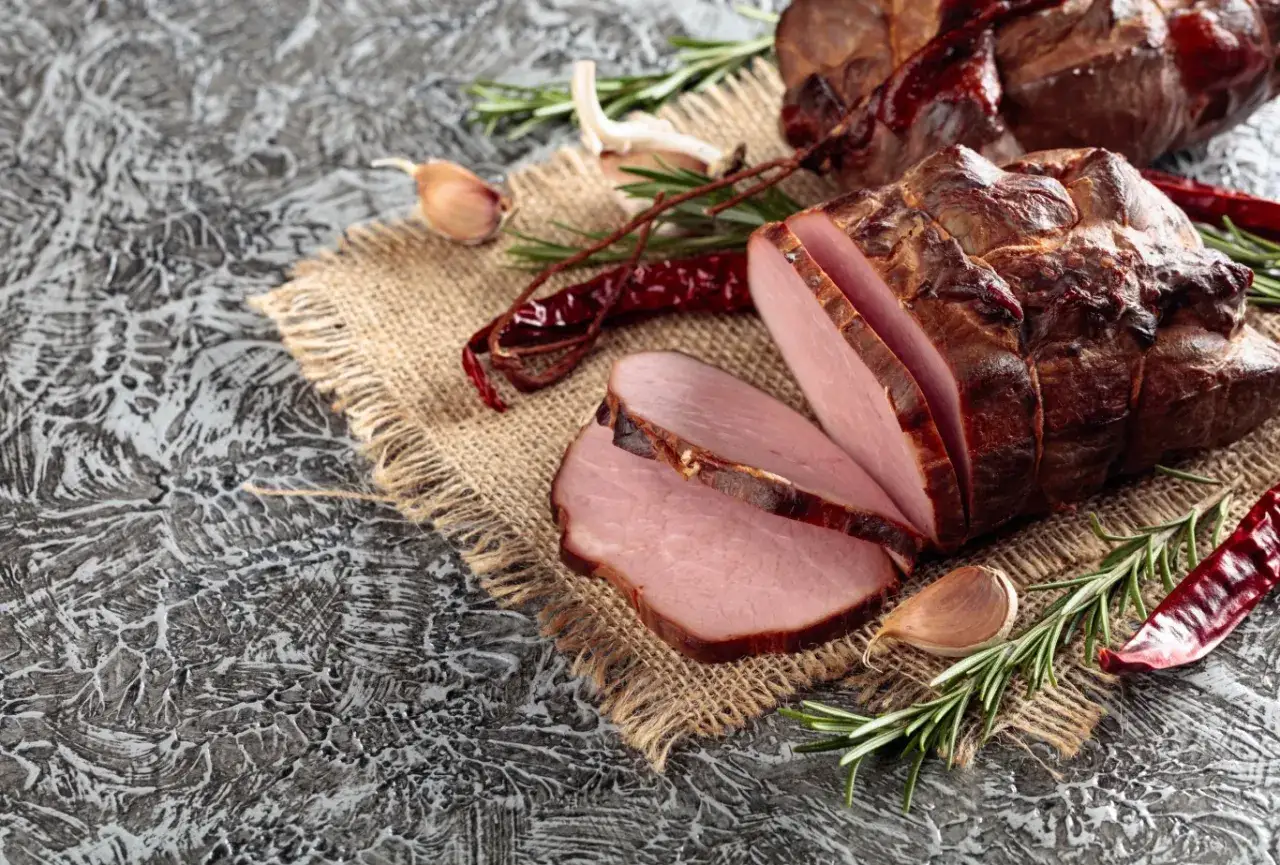 Wędzony schab pokrojony w plastry, z czosnkiem, rozmarynem i papryczkami chili. Idealny do wędzenia, gdy chcesz uzyskać ten smak.