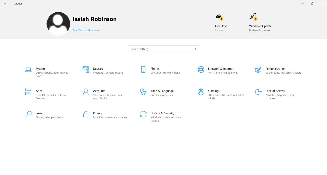 &Uuml;bersicht der Windows 10 Einstellungen mit Optionen wie System, Ger&auml;te, Apps, Konten, Netzwerk, Personalisierung und Update & Sicherheit.