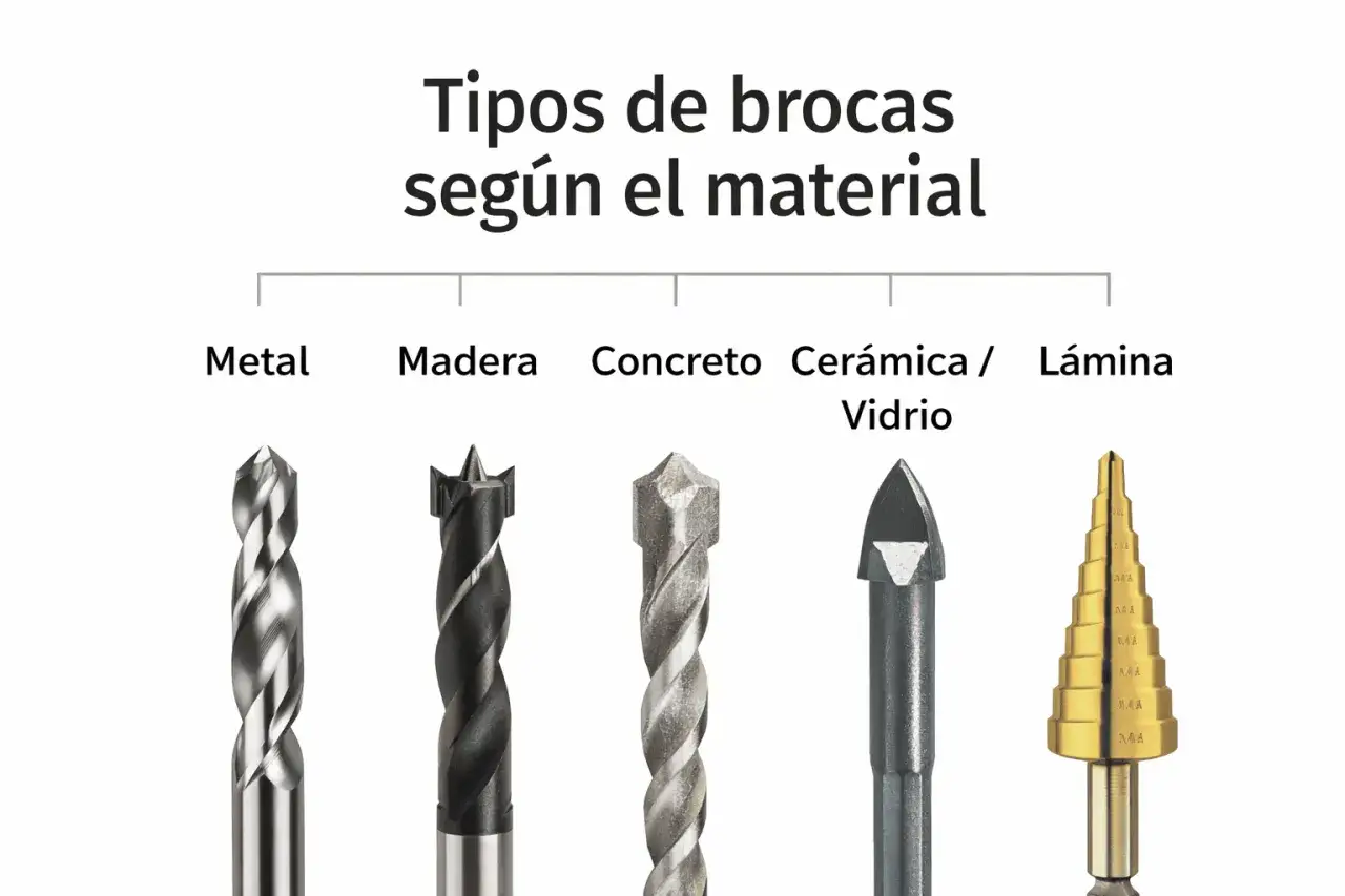 Cinco tipos de brocas para diferentes materiales: metal, madera, concreto, cerámica/vidrio y una broca escalonada. Cada broca es una herramienta esencial.