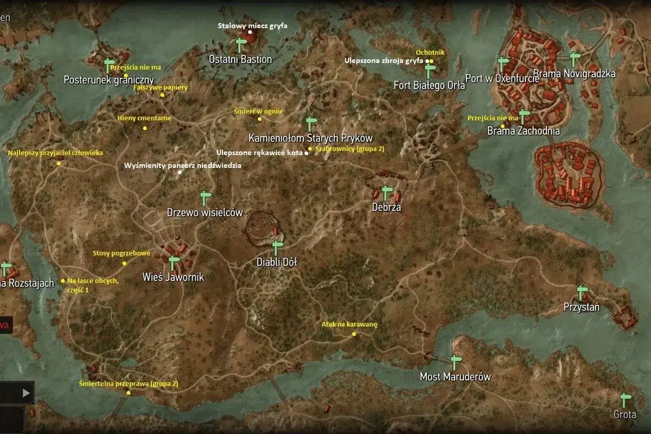 Mapa świata Wiedźmina 3 z zaznaczonymi lokacjami, w tym