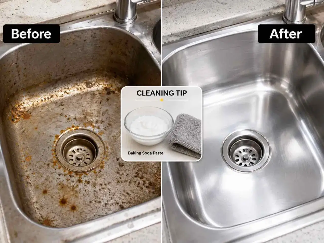 Évier en inox taché par acide avant et après nettoyage. La pâte de bicarbonate de soude a redonné son éclat à l'évier.