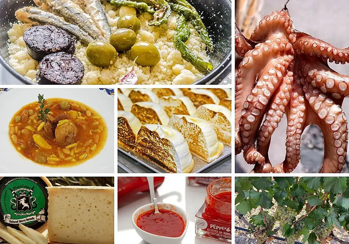 Deliciosa comida t&iacute;pica de Almer&iacute;a: pulpo, migas, guiso de carne, quesos y mermelada de pimientos.