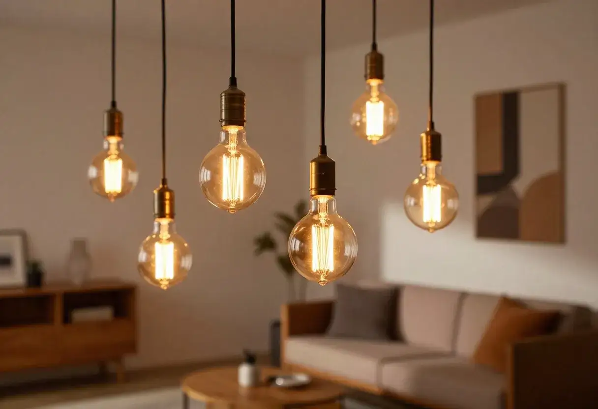 Un grupo de bombillas filamento led cuelgan del techo, iluminando un sal&oacute;n moderno con sof&aacute; y mesa de centro.