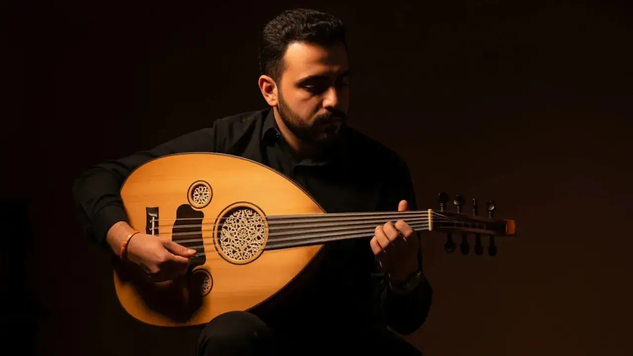 Un musicien concentr&eacute; joue du oud, un instrument &agrave; cordes traditionnel, dans une ambiance tamis&eacute;e.