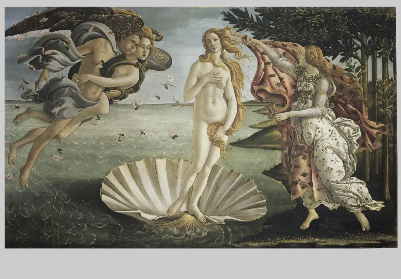 La Nascita di Venere agli Uffizi: Venere su una conchiglia, spinta dai venti, accolta da una ninfa.
