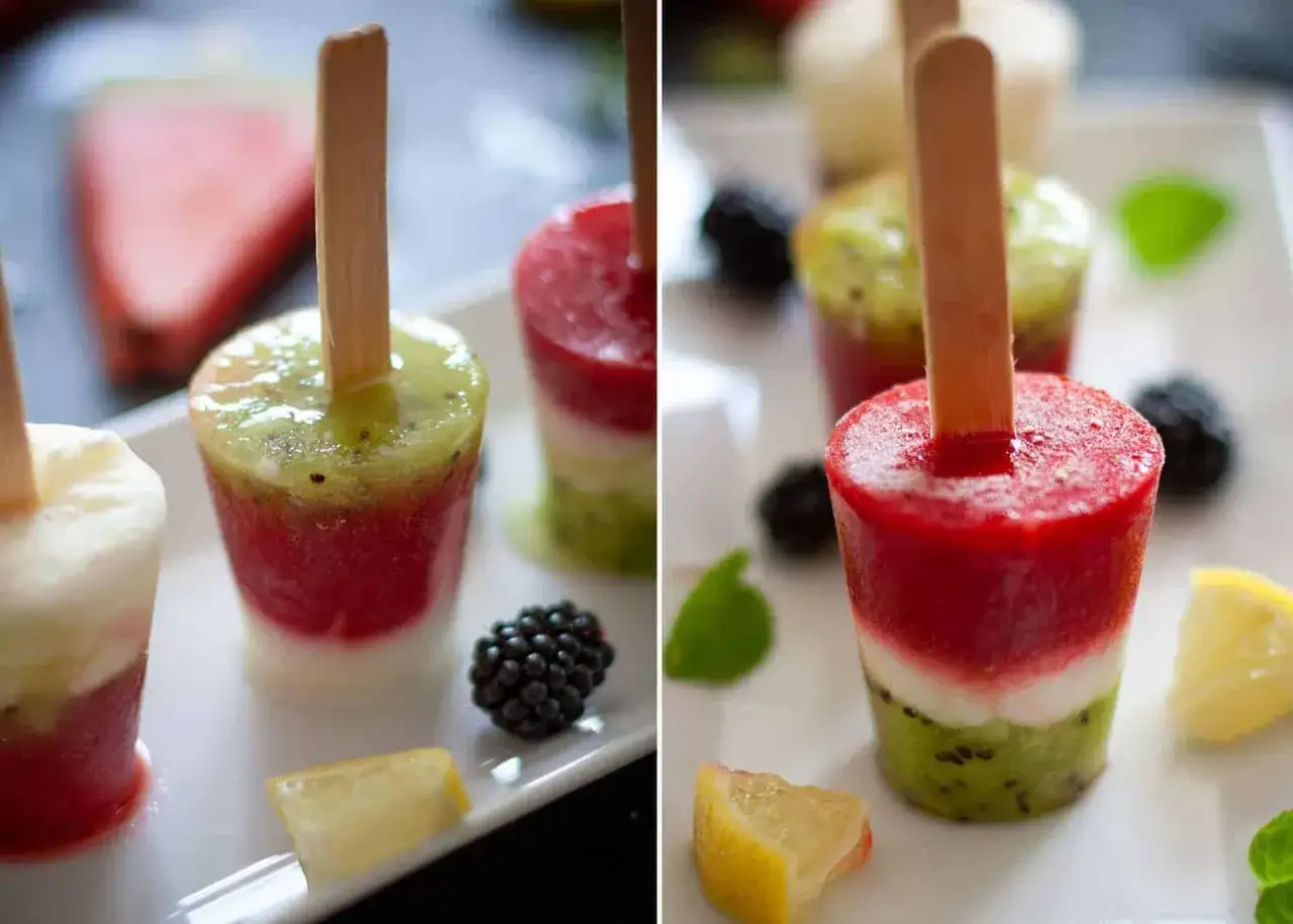 Bunte Fruchteis-Schichten zum **eis am stiel selber machen**. Mit Kiwi, Beeren und Zitrone.