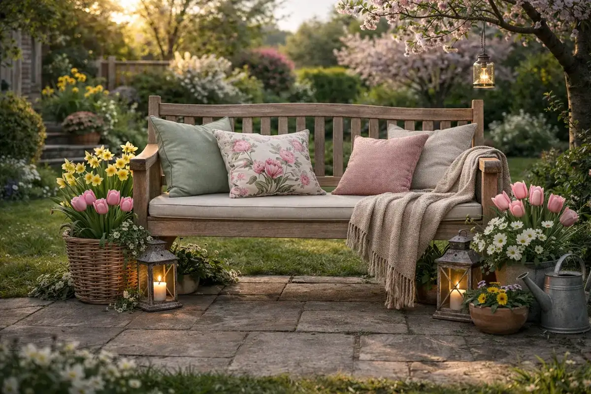 Eine einladende Gartenbank, liebevoll dekoriert mit Kissen, Decke und Blumen. Perfekt, um den Fr&uuml;hling zu genie&szlig;en.