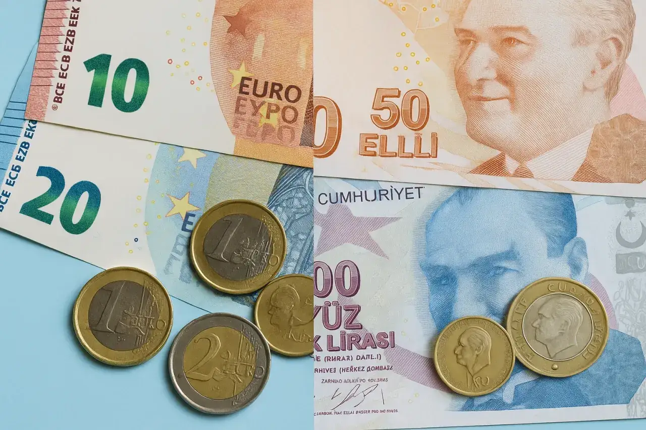 Euro i liry tureckie na jasnoniebieskim tle. Pytanie o to, jaka waluta na Cyprze, jest tu nie na miejscu, bo widzimy tu dwie r&oacute;żne waluty.
