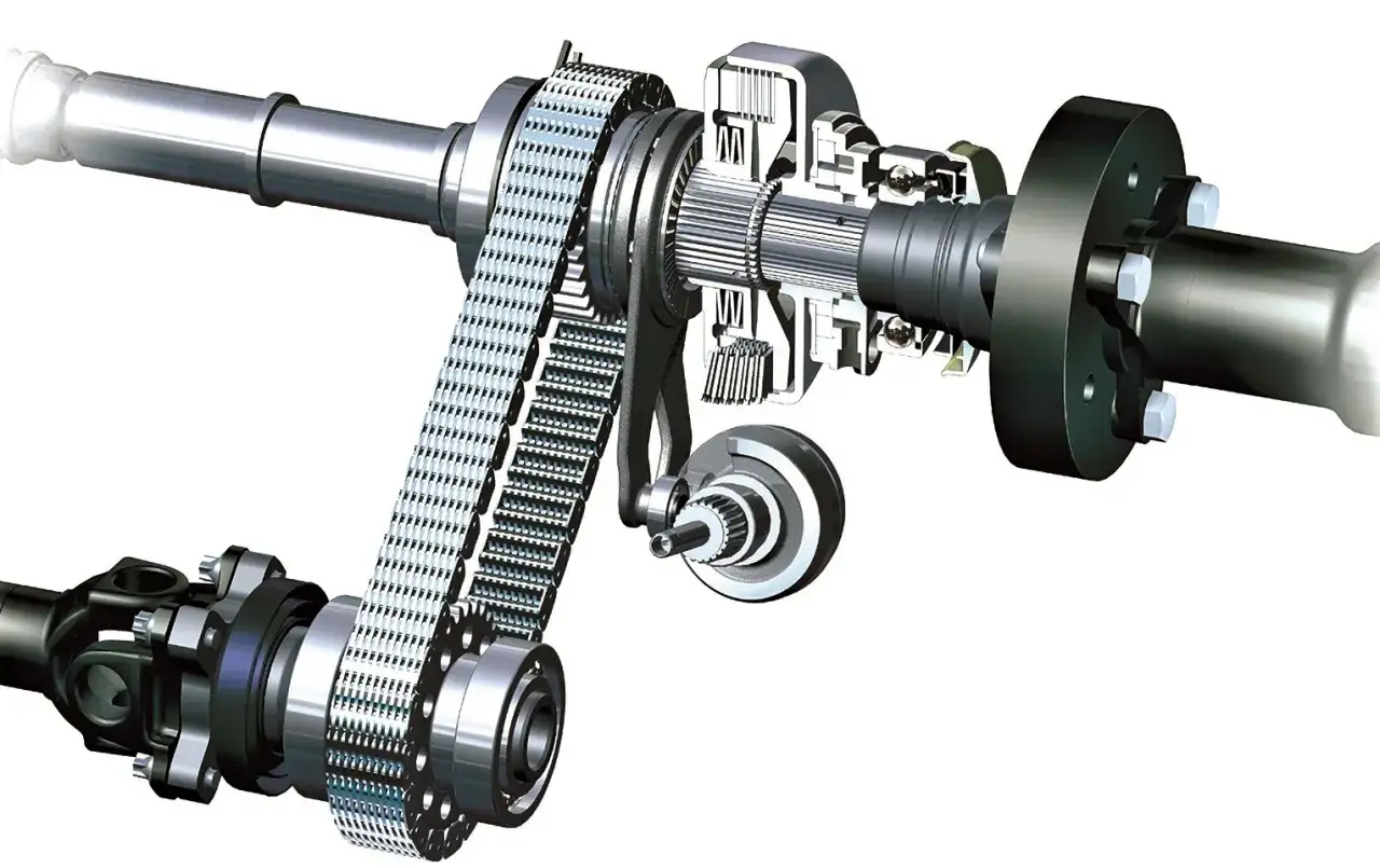 Przekładnia rozdzielcza z łańcuchem napędowym, element systemu **Haldex**, pokazuje złożoność mechanizmu przenoszenia napędu.