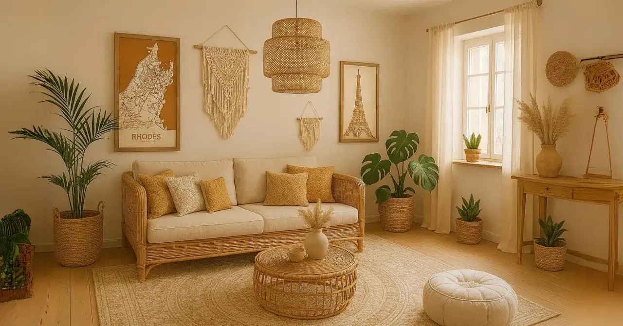 Przytulny salon w stylu boho. Rattanowa sofa, makramy, mapa Rodos i wieża Eiffla tworzą relaksującą atmosferę.