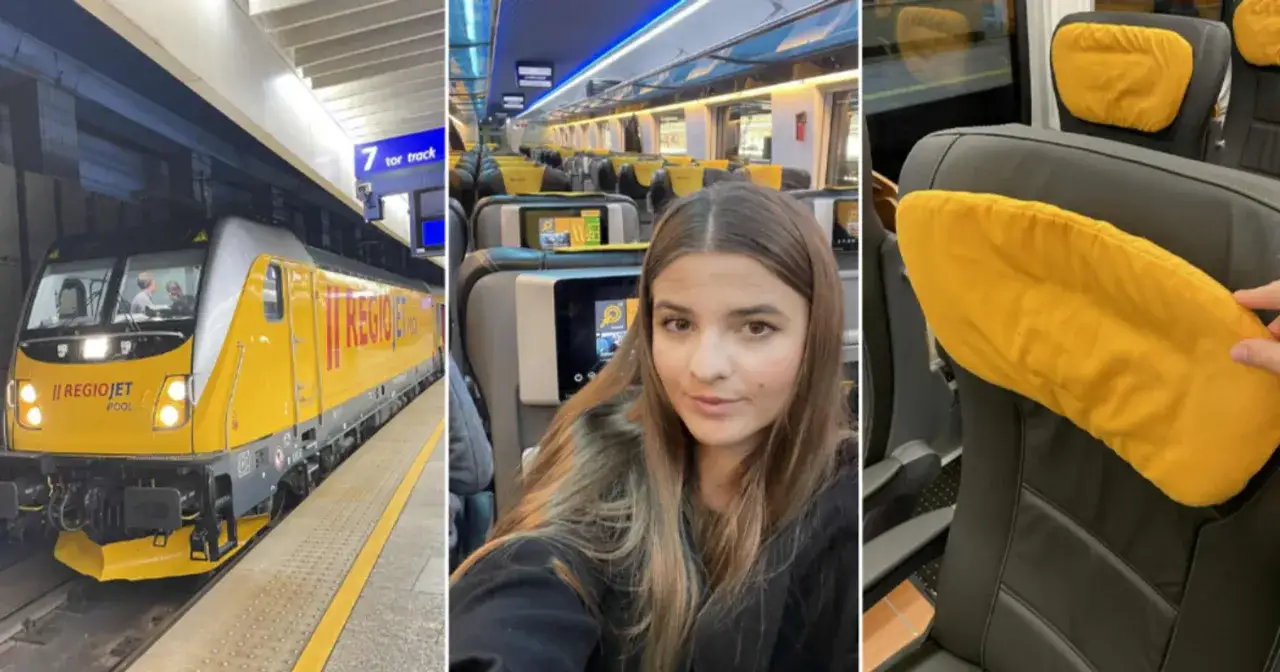 Żółty pociąg RegioJet na torze 7, gotowy do podróży z Krakowa do Pragi. Wygodne siedzenia z poduszkami czekają na pasażerów.