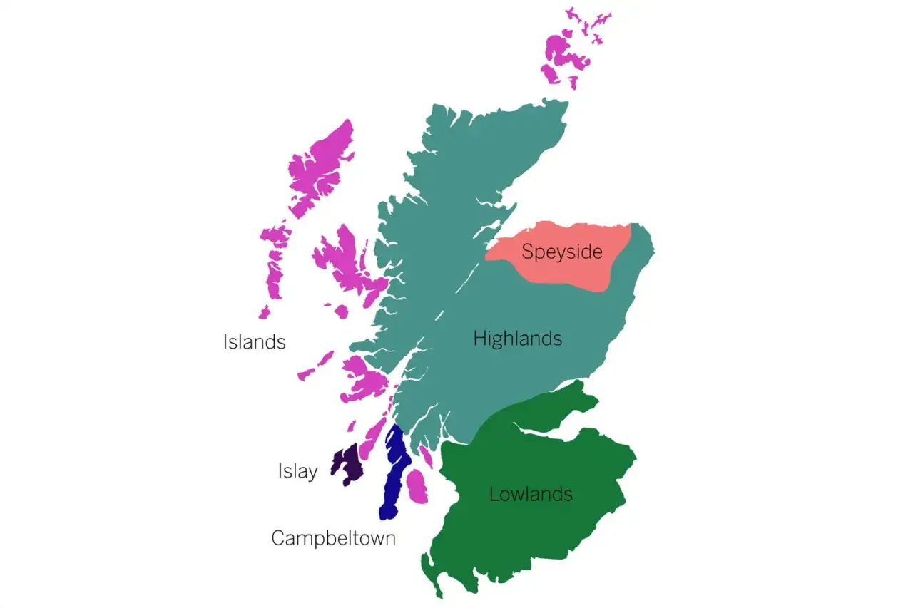 Karte Schottlands mit farblich markierten Whisky-Regionen: Islands, Speyside, Highlands, Lowlands, Islay und Campbeltown.