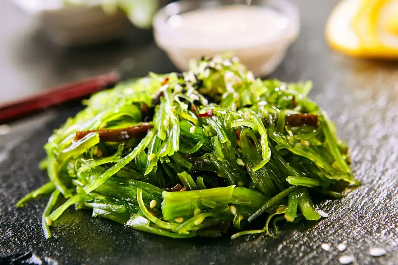 Insalata di alghe wakame, un piatto fresco e salutare. Le sue proprietà nutritive la rendono un'ottima scelta per un pasto leggero.