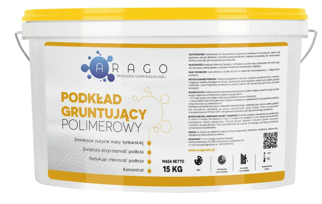 Arago Podkład Gruntujący Polimerowy 15 kg. Zwiększa przyczepność i redukuje chłonność podłoża.
