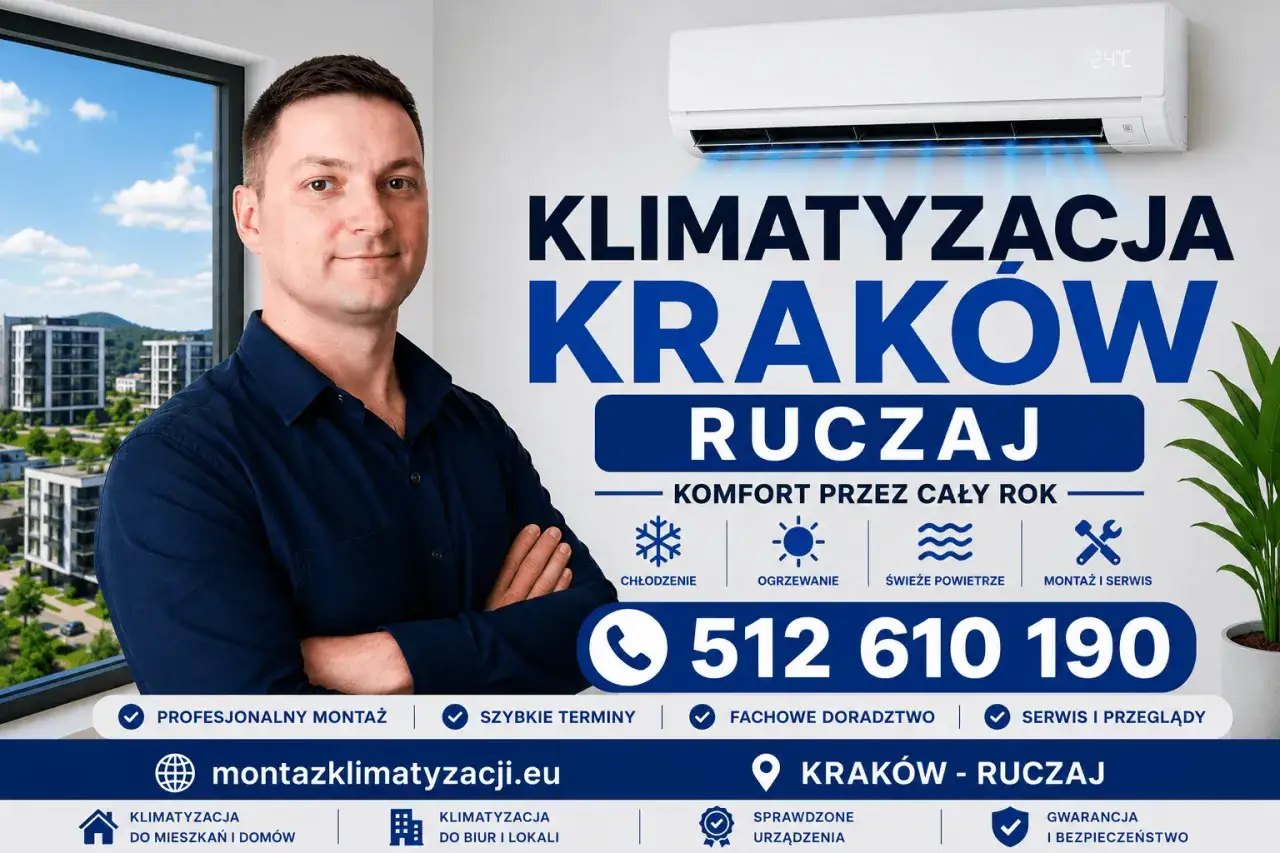 Mężczyzna w koszuli obok klimatyzatora, z napisem 
